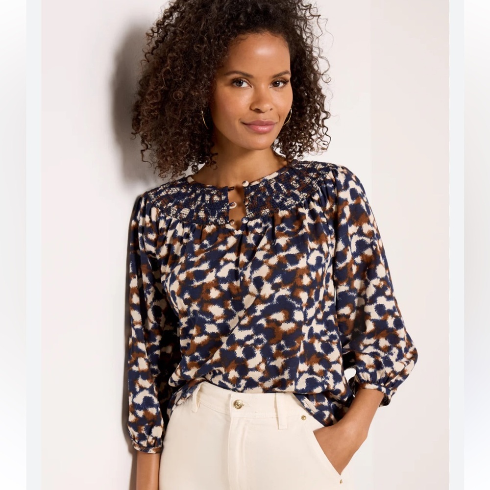 Evereve Navy, Brown & White Printed Smocked-Yoke Blouse